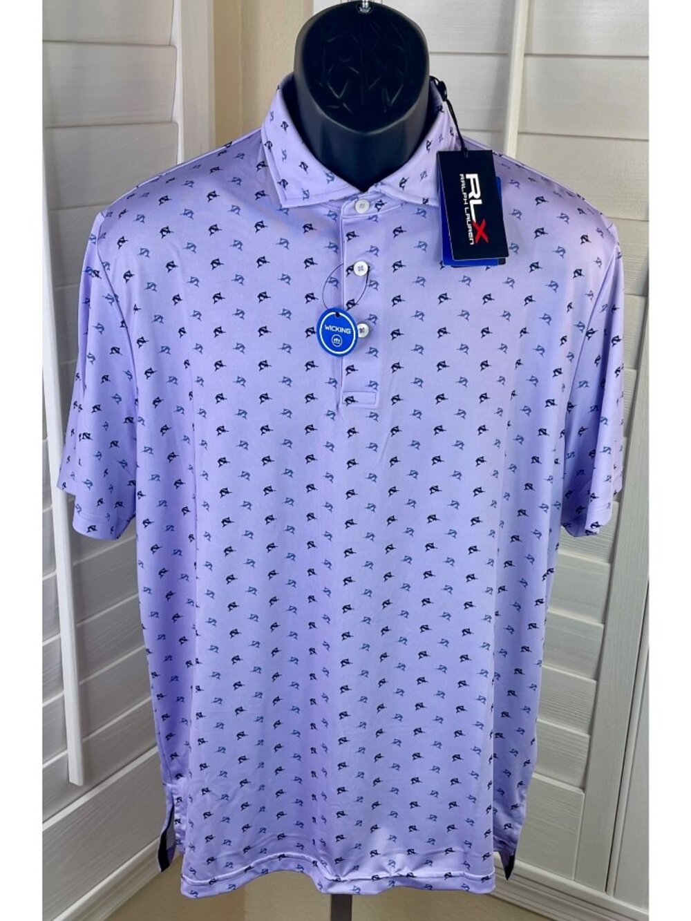 RLX Ralph Lauren Purple Marlin AOP Graphic Performance Golf Polo Shirt - Men’s M